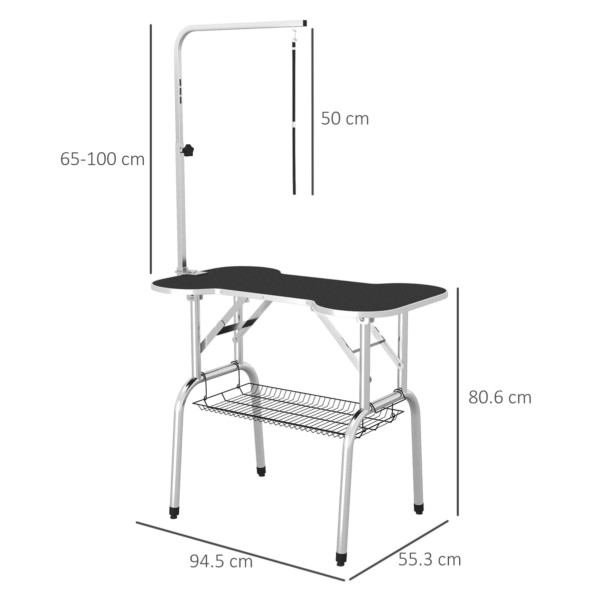 PawHut dog grooming table with adjustable arm and wire basket; dimensions shown