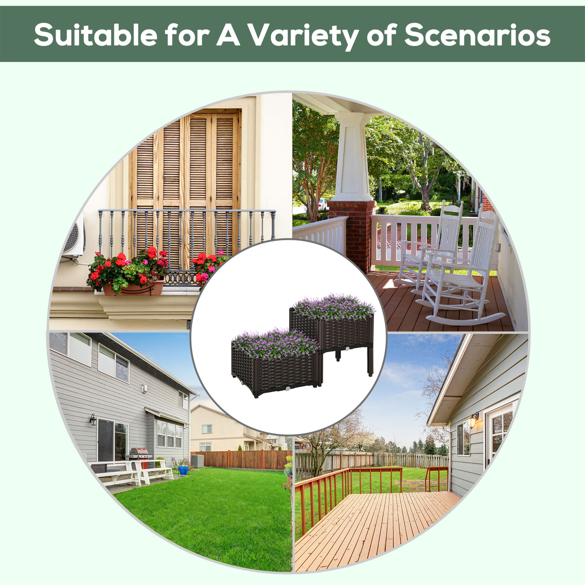 Dark brown woven elevated planter set shown in a collage of outdoor settings