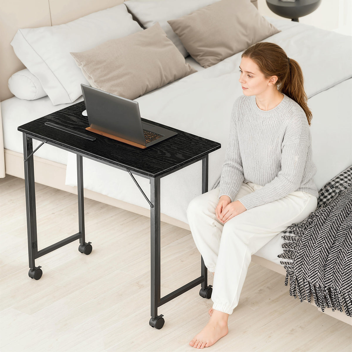 HOMCOM Folding Small Desk on Wheels - Black Wood Effect