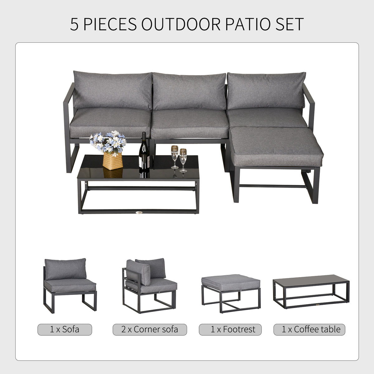 Outsunny five-piece patio set arranged with sofa, corner seats, footrest and coffee table