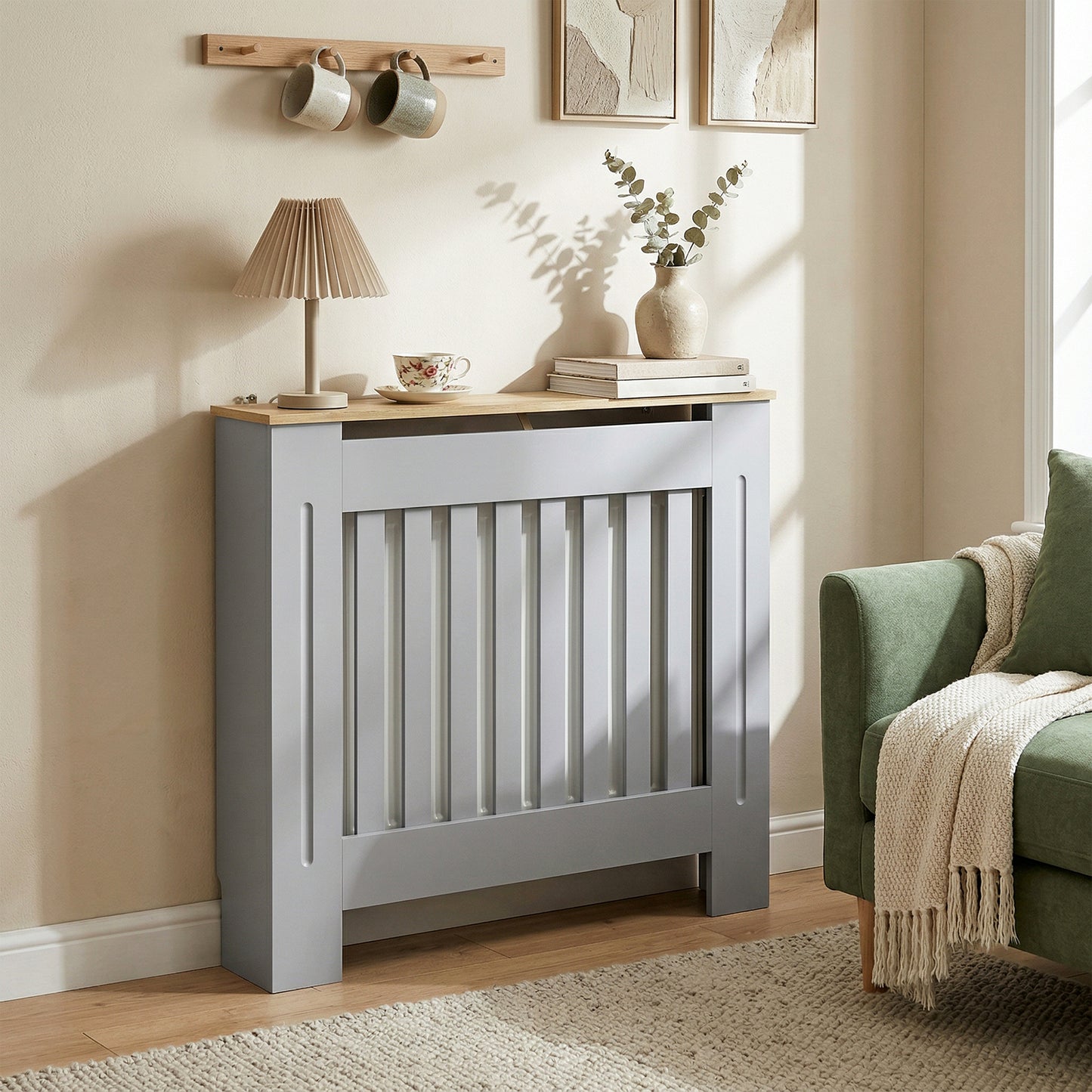 HOMCOM Heater Cover, Radiator Cover Slatted Painted MDF Lined Grill Grey, 78L x 19W x 81H cm