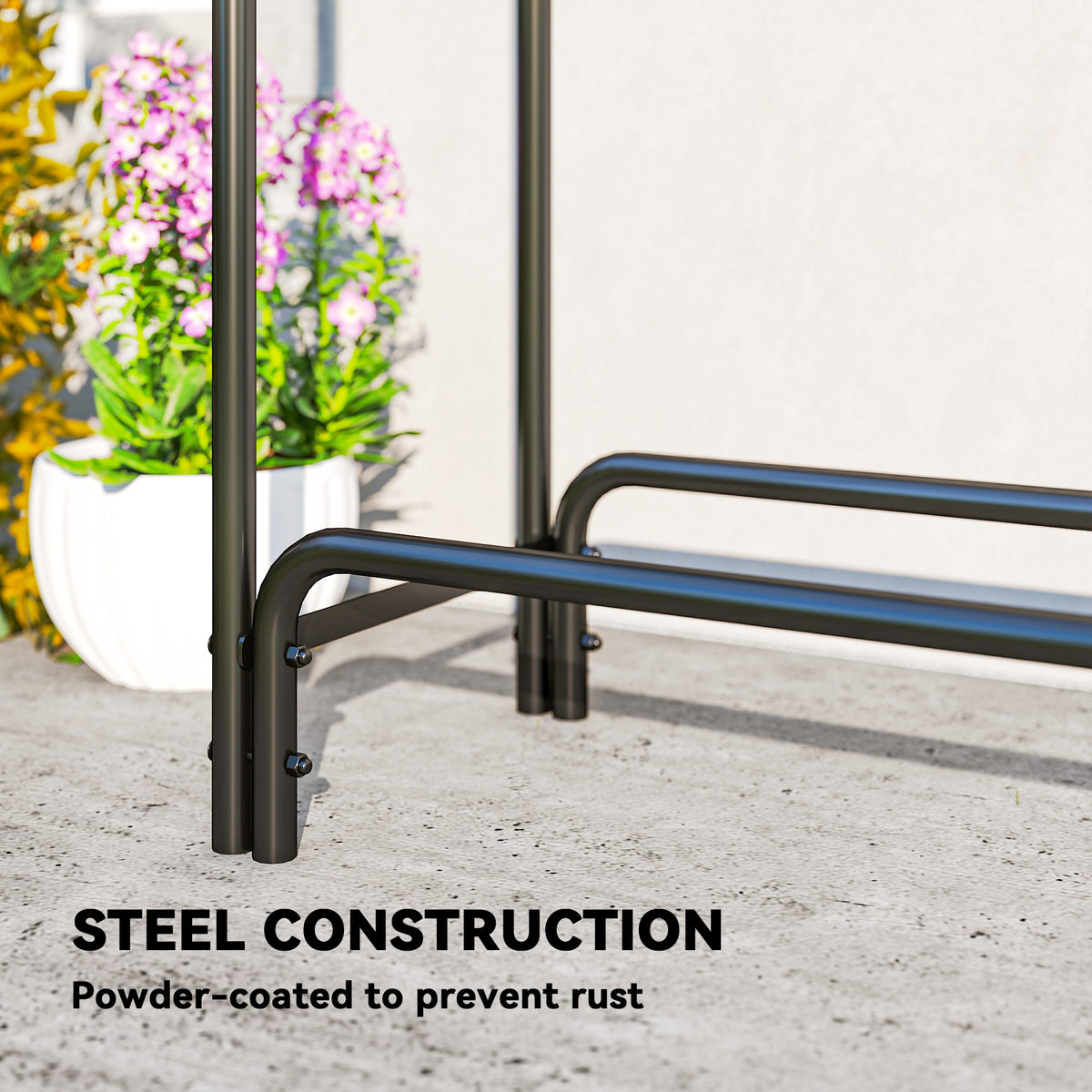 Outsunny black powder-coated steel rack frame, close-up of the bolted joints
