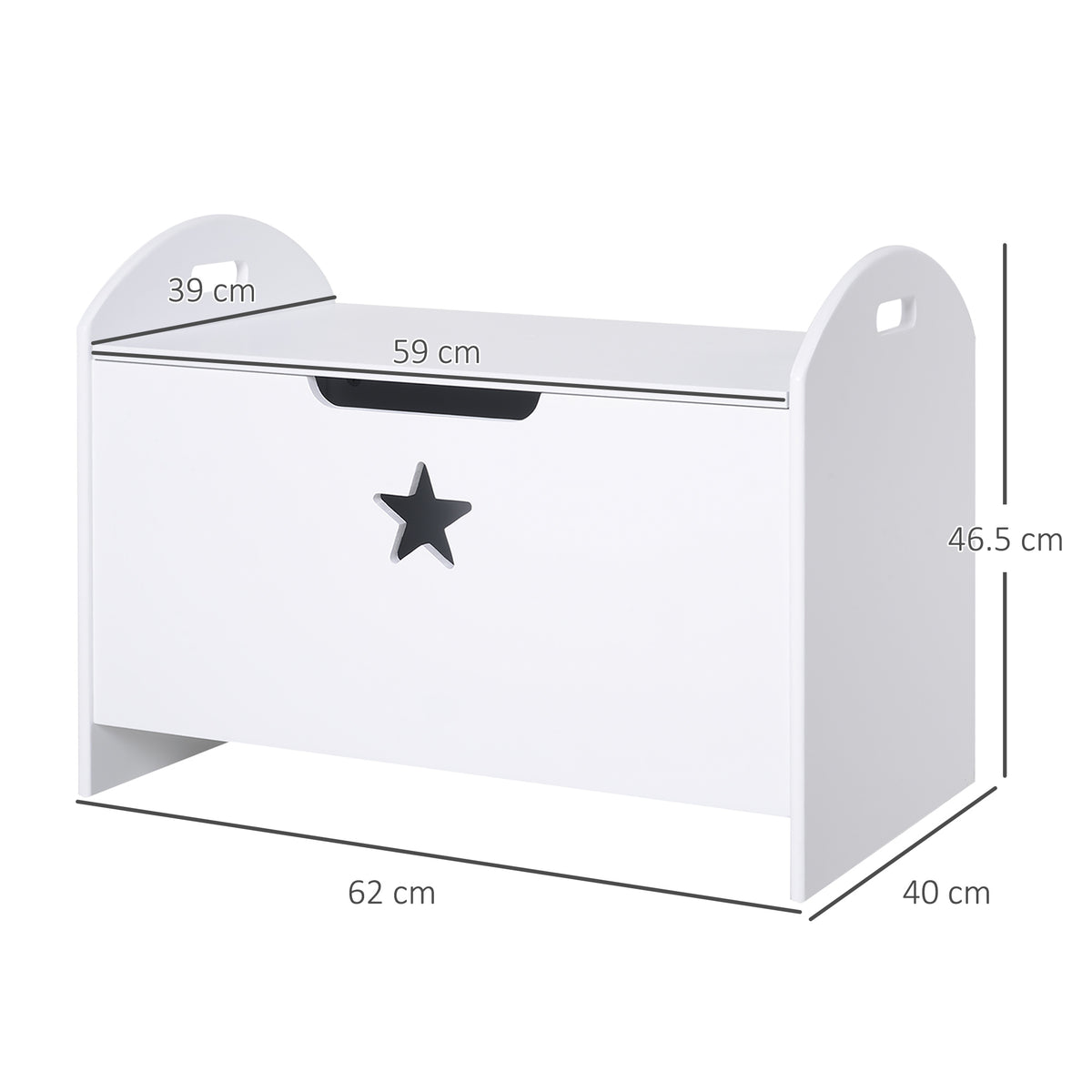 White wooden toy chest with star cutout and dimensions of 62 by 40 by 46.5 cm