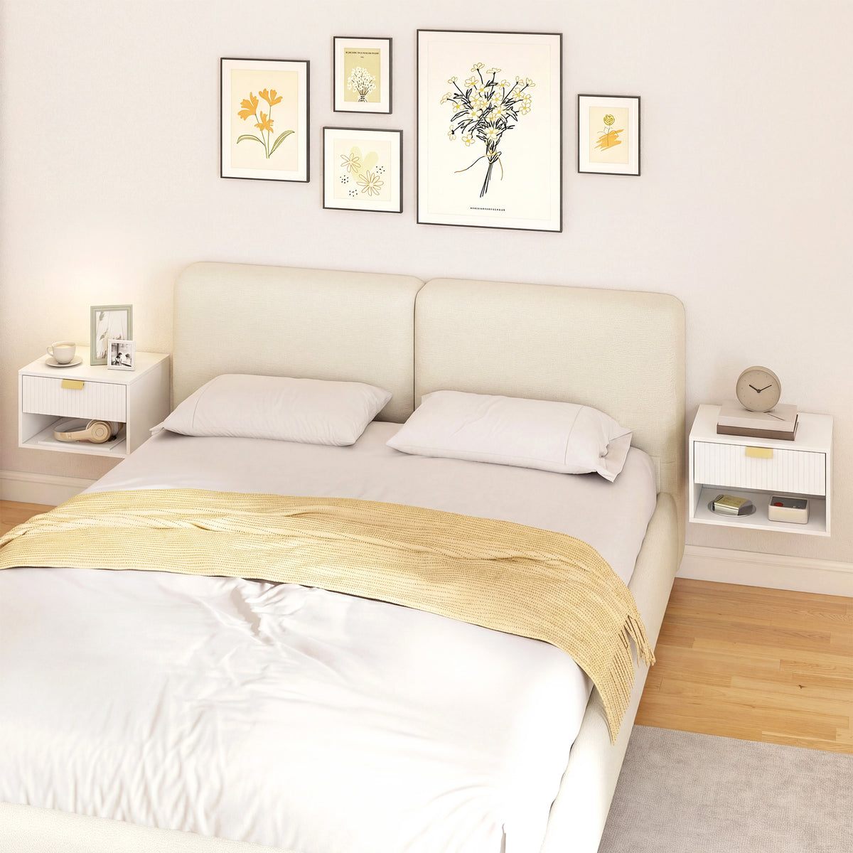 HOMCOM Set of 2 Wall Mounted Nightstands, Floating Bedside Tables with Fluted Drawer and Open Shelf for Small Bedroom, White