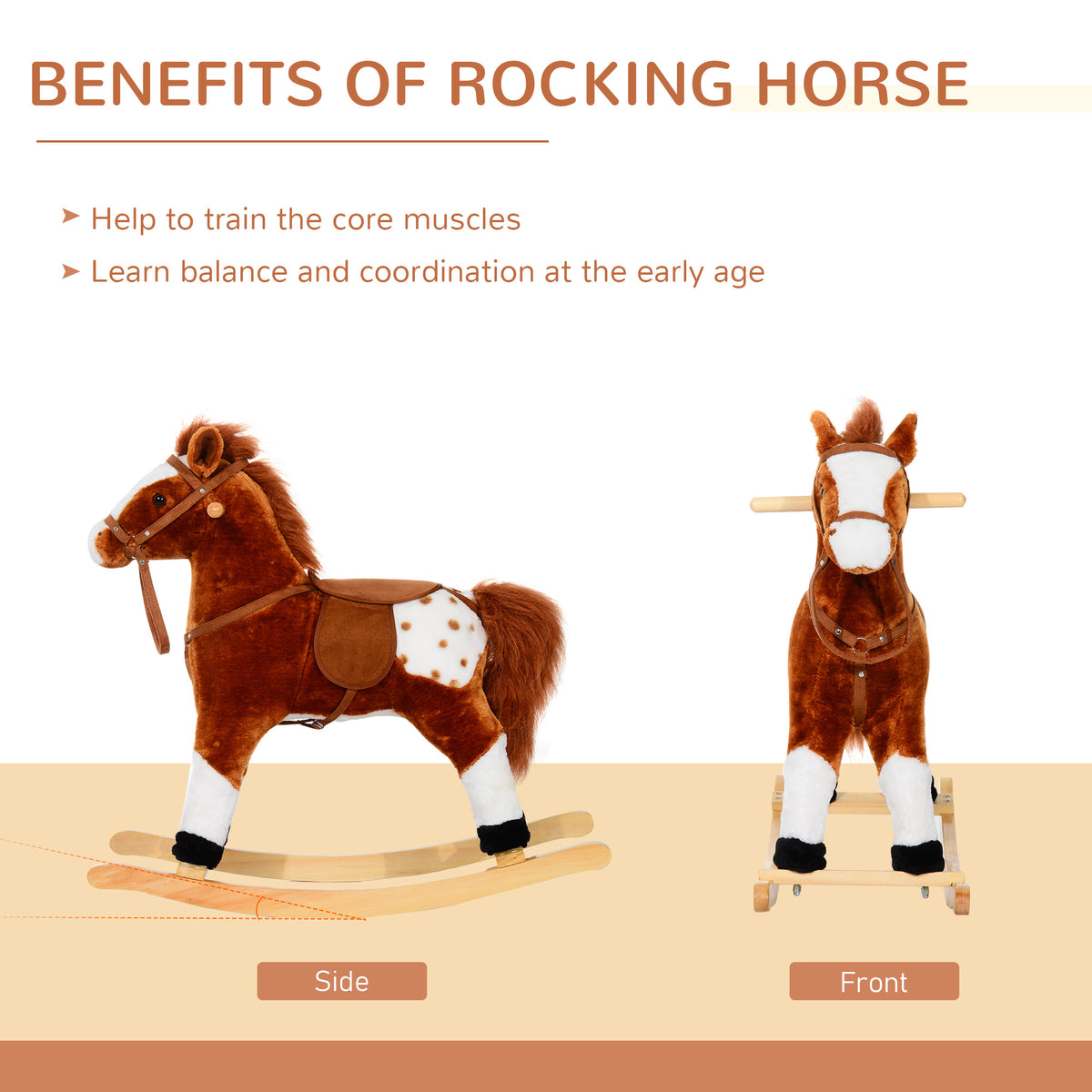 Plush rocking horse shown from the side and front
