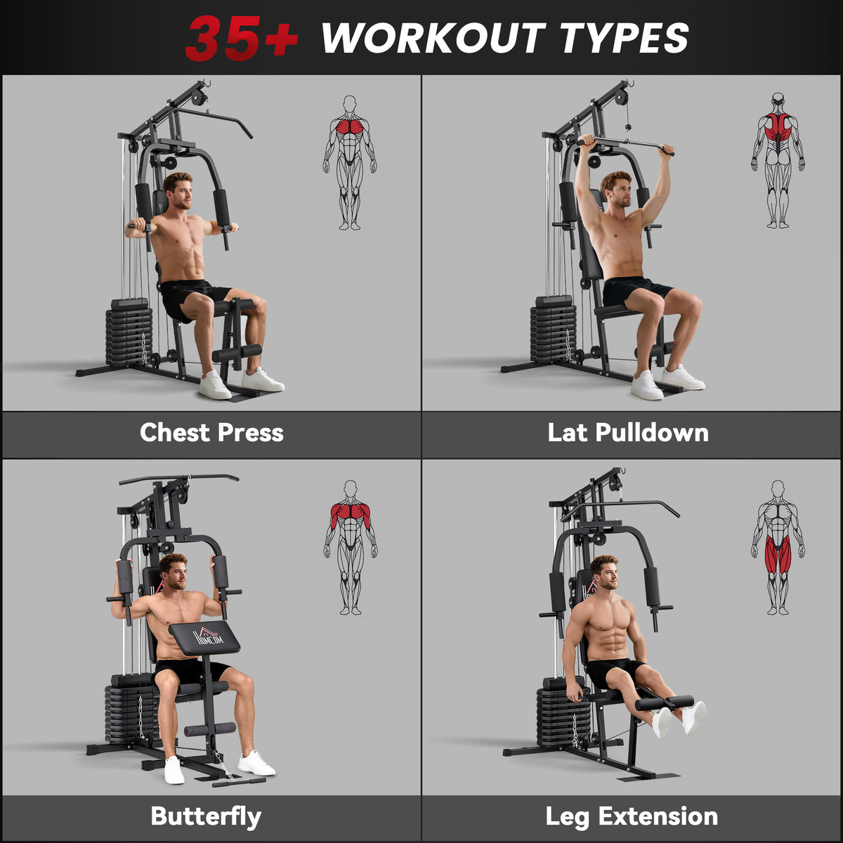 HOMCOM home gym machine shown for chest press, lat pulldown, butterfly and leg extension