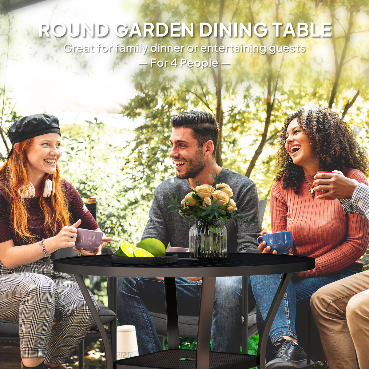 Outsunny round black garden dining table with slatted top and wire shelf, shown seating four people
