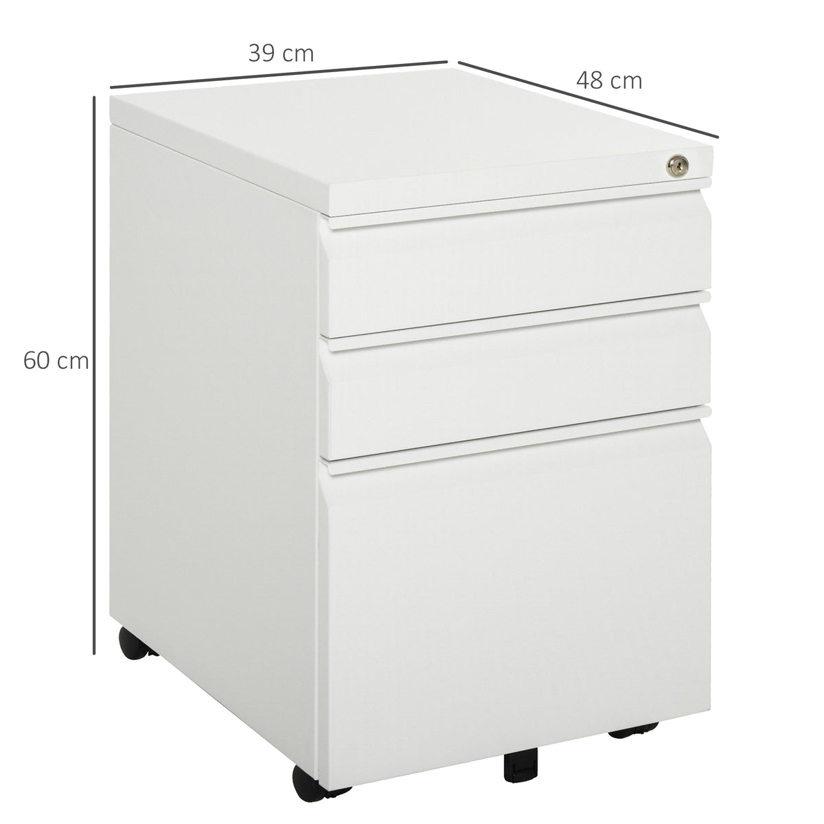 Closed white metal filing cabinet with three drawers, key lock, and caster wheels; 60 cm tall.