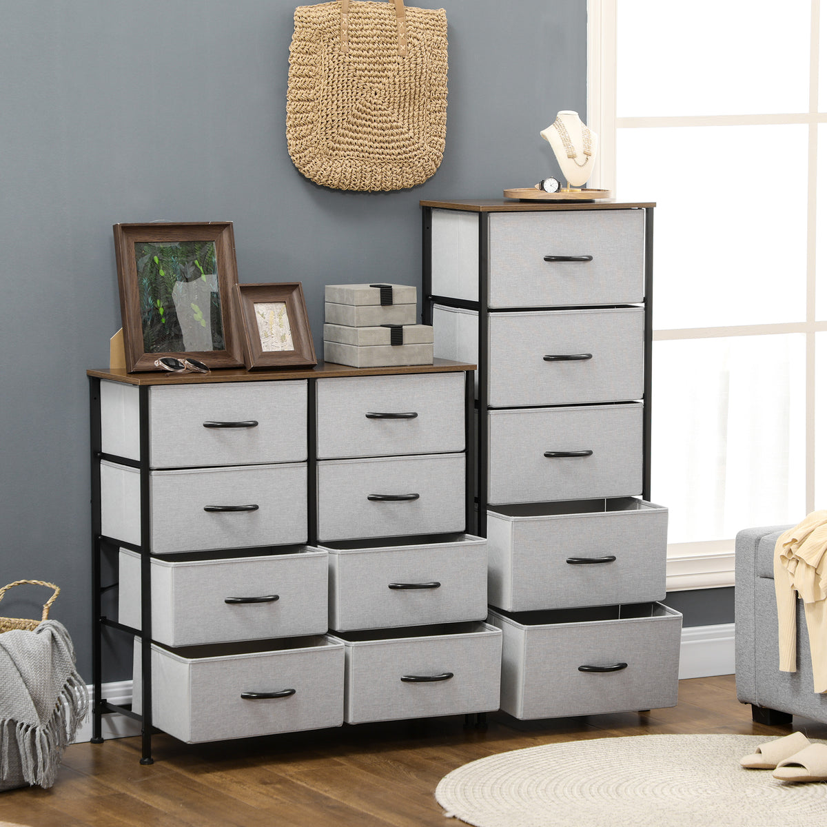 Fabric drawer dressers with steel frames and wood tops, shown in two configurations