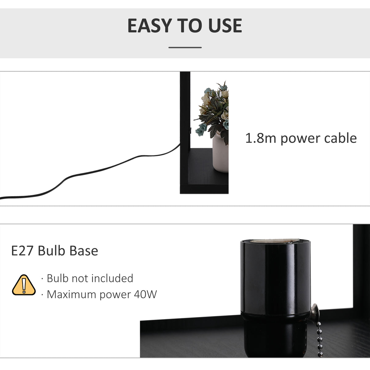 Floor lamp power cord and E27 bulb socket; bulb not included