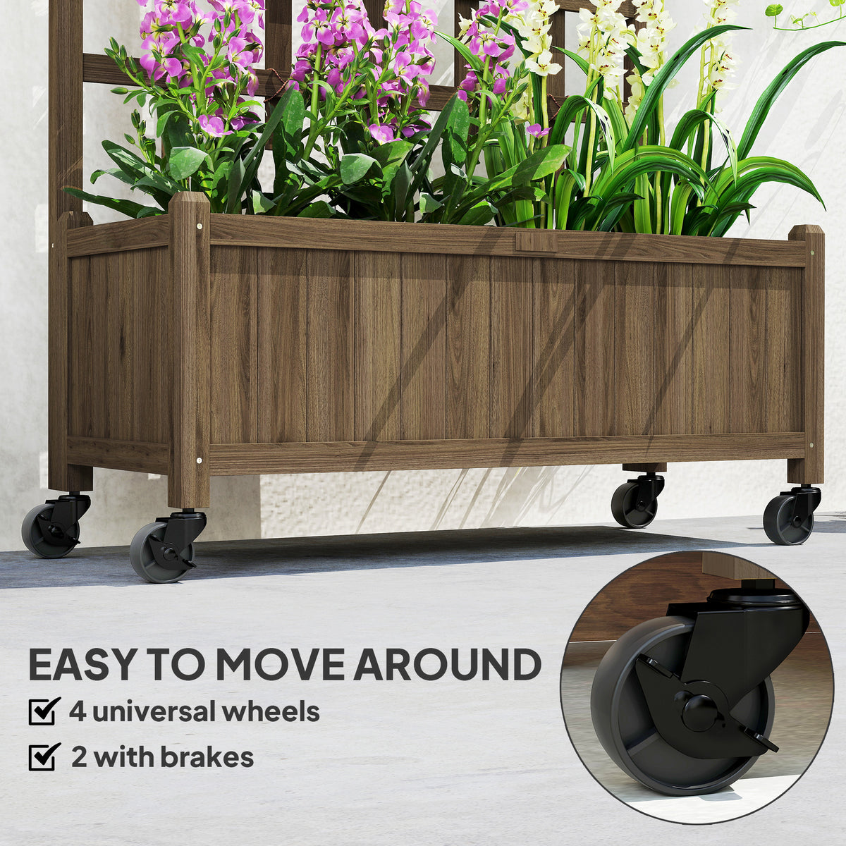 Outsunny wooden planter with four caster wheels, including two with brakes