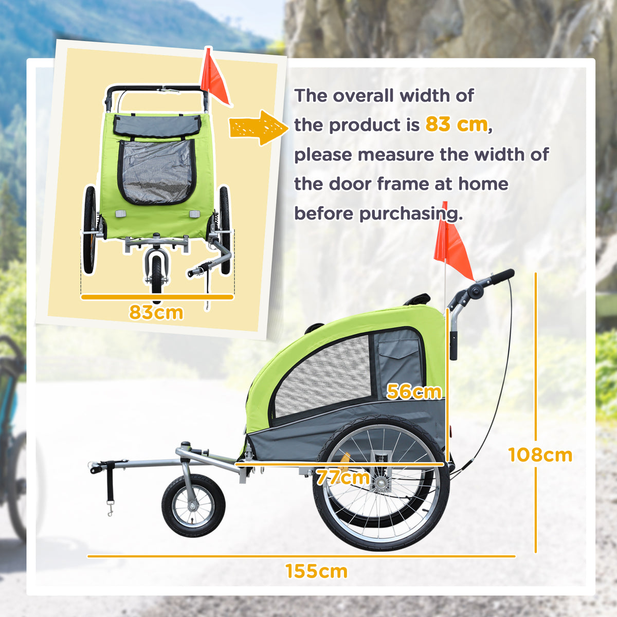 Green dog bike trailer side and front views with overall dimensions marked