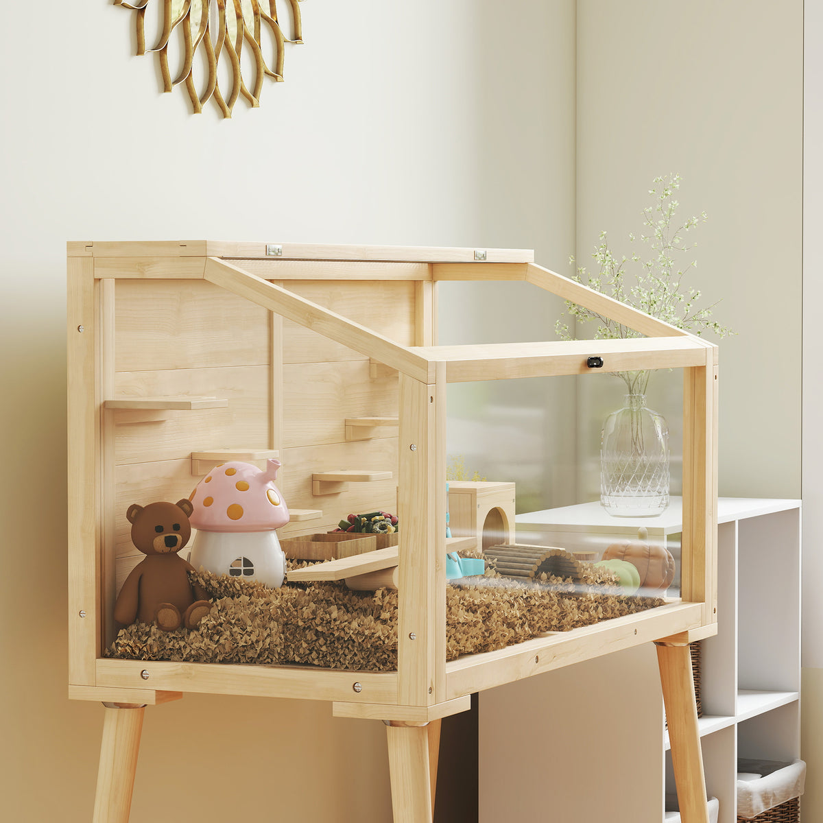 PawHut Wooden Hamster Cage, Hamster Habitat with Openable Top, Seesaws, Platforms, Water Bottle for Gerbils, 110 x 52 x 101 cm