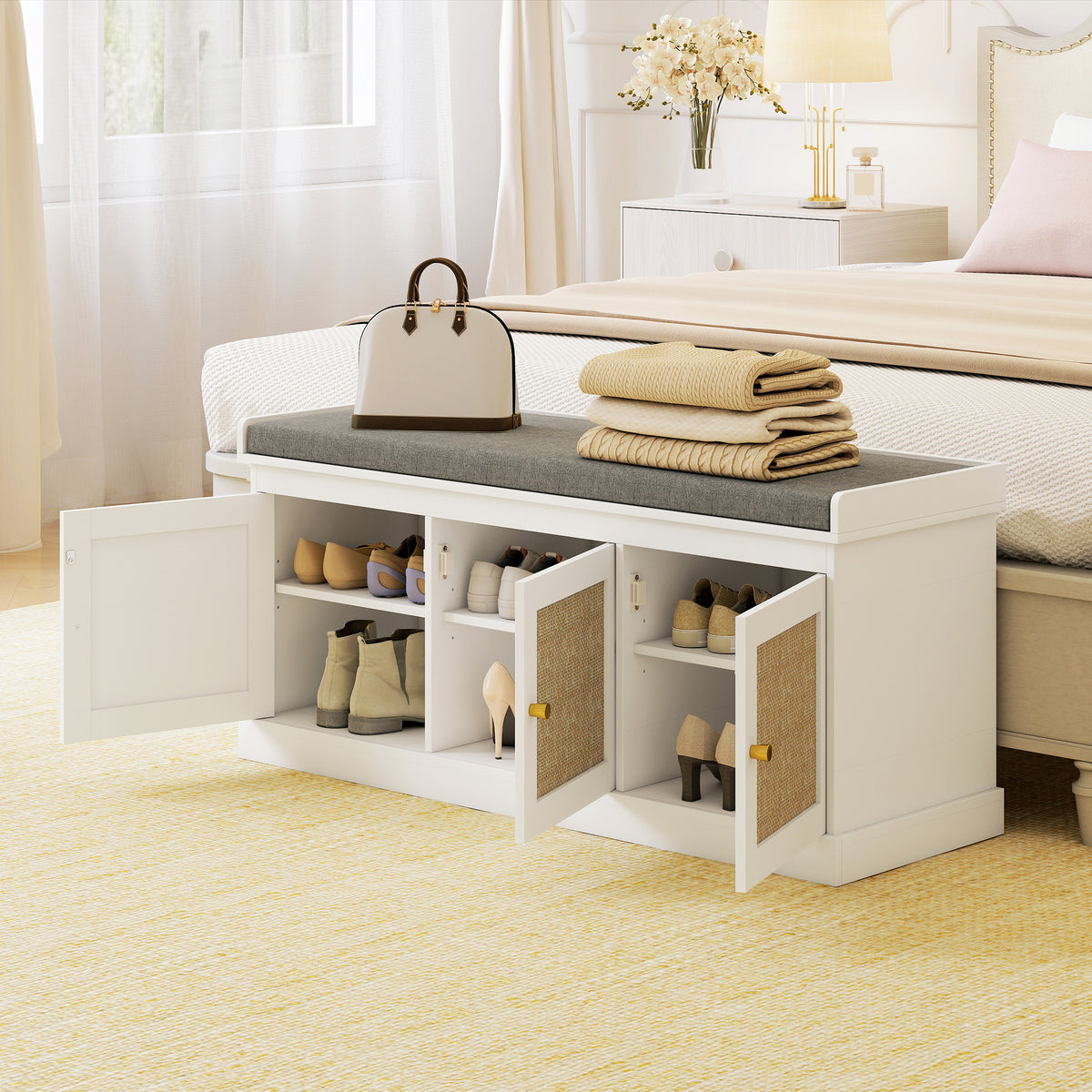 HOMCOM Shoe Storage Bench with Woven Rattan Doors, Seat - White