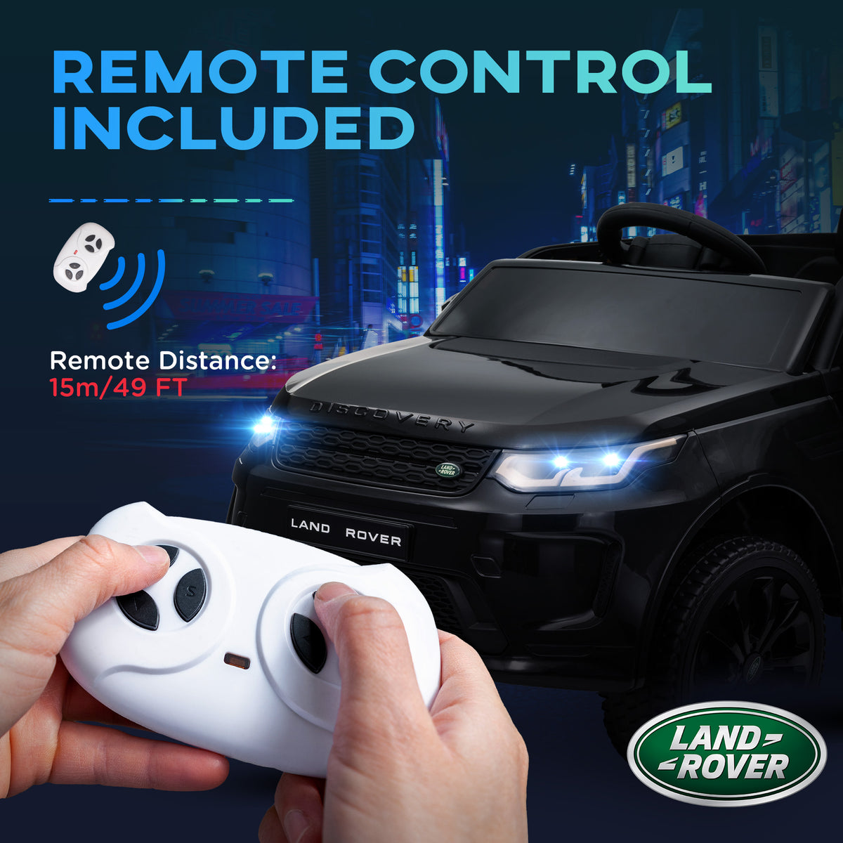 Black AIYAPLAY Land Rover Discovery Sport ride-on car with a white remote control