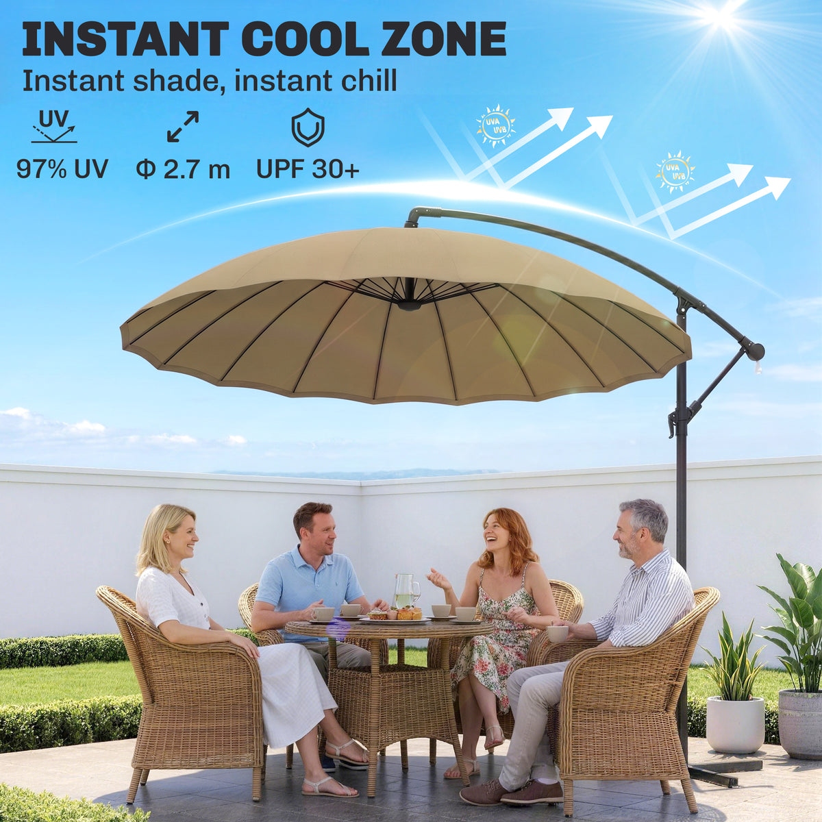 Outsunny khaki cantilever umbrella shading a patio dining set, with an arched support arm