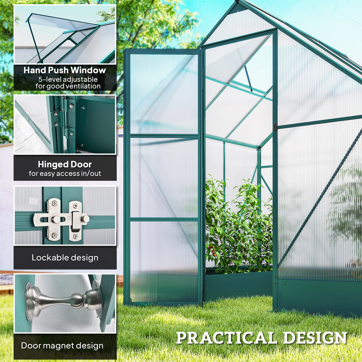 Greenhouse with open hinged door, adjustable roof vent and lockable latch