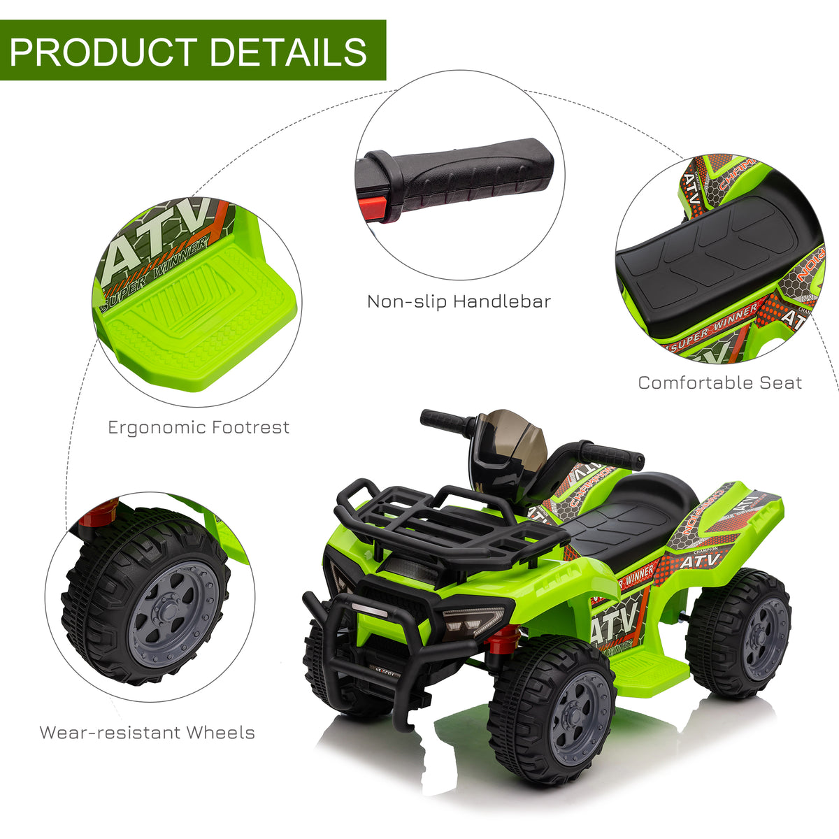 Green ride-on quad bike with detail insets of its footrest, handlebar, seat, and wheels.