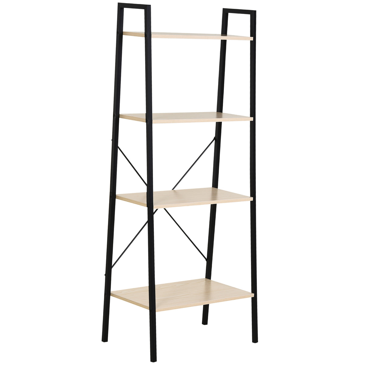 HOMCOM four-tier ladder shelf with oak-tone shelves and black metal frame