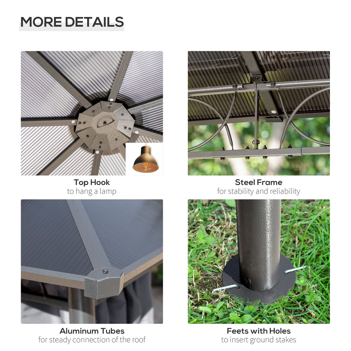 Outsunny gazebo detail collage showing roof hook, steel frame, aluminum tubes and feet