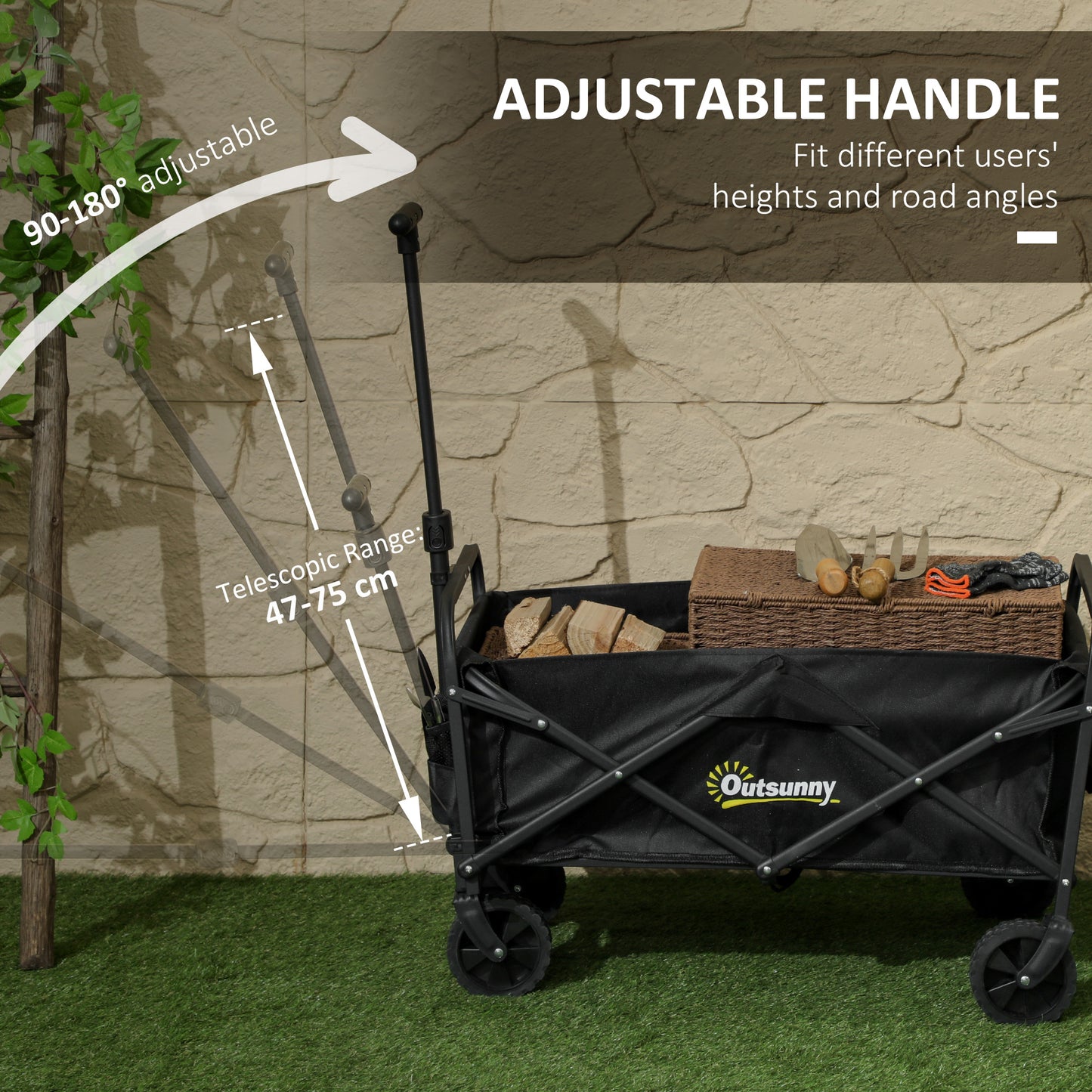 Outsunny 93L Festival Trolley on Wheels, Garden Folding Trolley Cart, 120kg Heavy Duty Collapsible Folding Wagon with Adjustable Handle and Carrying Bag for Beach, Camping, Festival, Black