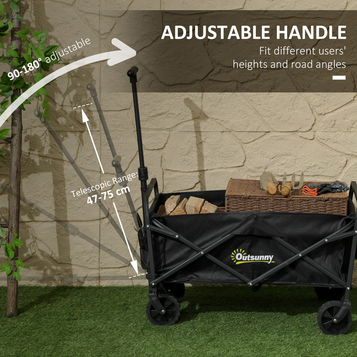 Outsunny 93L Festival Trolley on Wheels, Garden Folding Trolley Cart, 100kg Heavy Duty Collapsible Folding Wagon with Adjustable Handle and Carrying Bag for Beach, Camping, Festival, Black