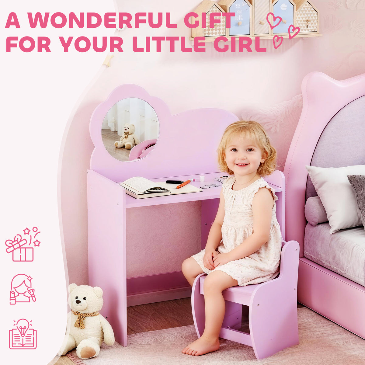 AIYAPLAY Kids Dressing Table with Mirror, Stool, Kids Vanity Table with Shelves, for Ages 3-8 Years, Purple