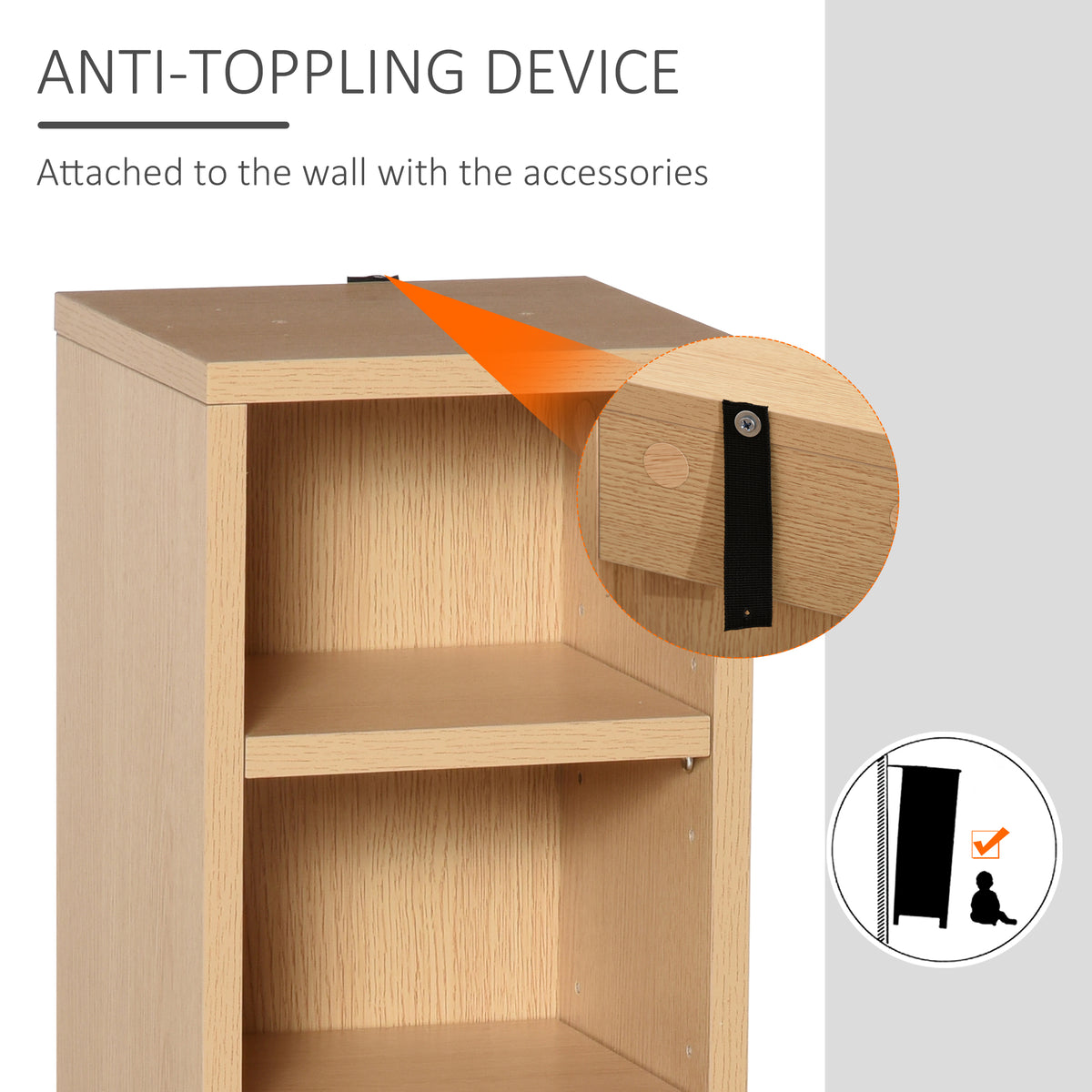 HOMCOM natural wood media shelf close-up with a wall anti-tip strap