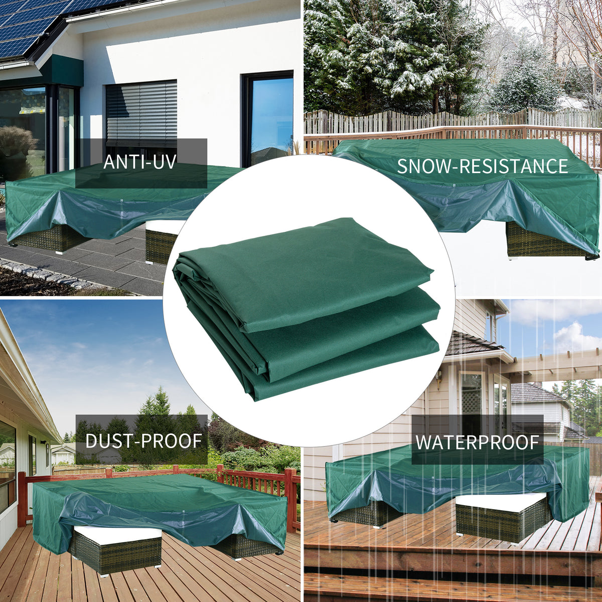 Green outdoor furniture cover shown folded and protecting patio furniture