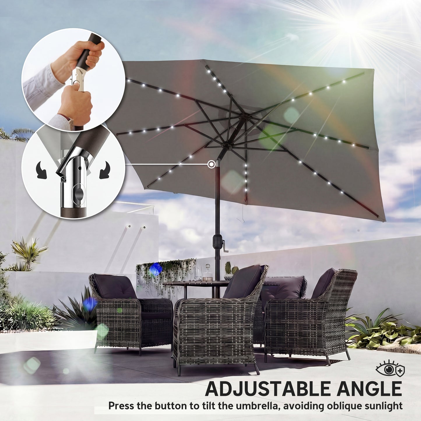 Outsunny 3 x 2 m Garden Parasol Umbrella with LED Solar Light, Parasol Cover, Outdoor Market Patio Umbrella, Dark Grey