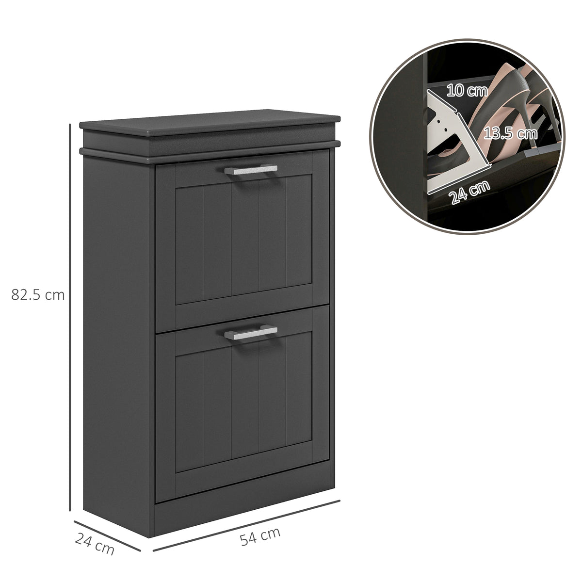 Black two-drawer shoe cabinet shown closed, with dimensions and a shoe compartment detail.