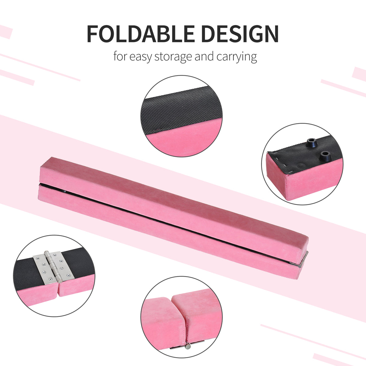Pink folding balance beam shown folded, with close-ups of its hinge, base, and cover