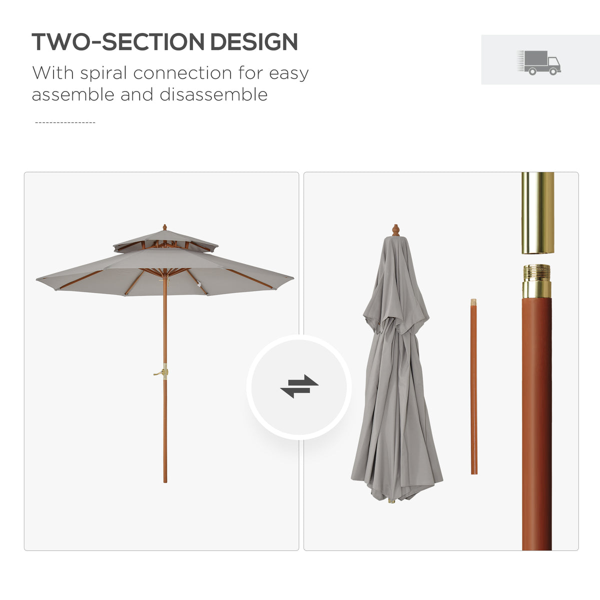 Outsunny grey parasol shown assembled and folded, with two-section wooden pole