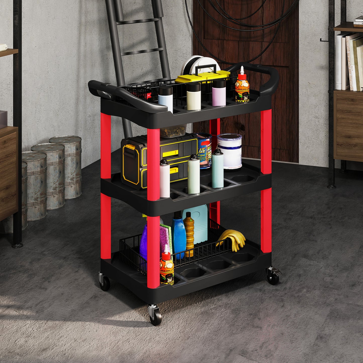 HOMCOM 3-Tier Rolling Tool Cart, Tool Trolley on Wheels, Plastic Mobile Service Utility Cart with Handles for Garage, Mechanics and Warehouse, 91kg Capacity, Black and Red