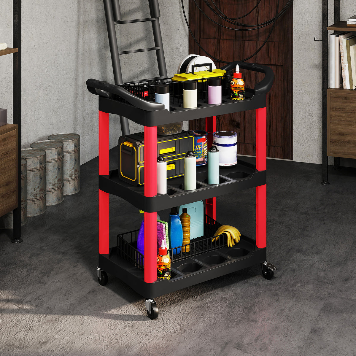 HOMCOM 3-Tier Rolling Tool Cart, Tool Trolley on Wheels, Plastic Mobile Service Utility Cart with Handles for Garage, Mechanics and Warehouse, 91kg Capacity, Black and Red