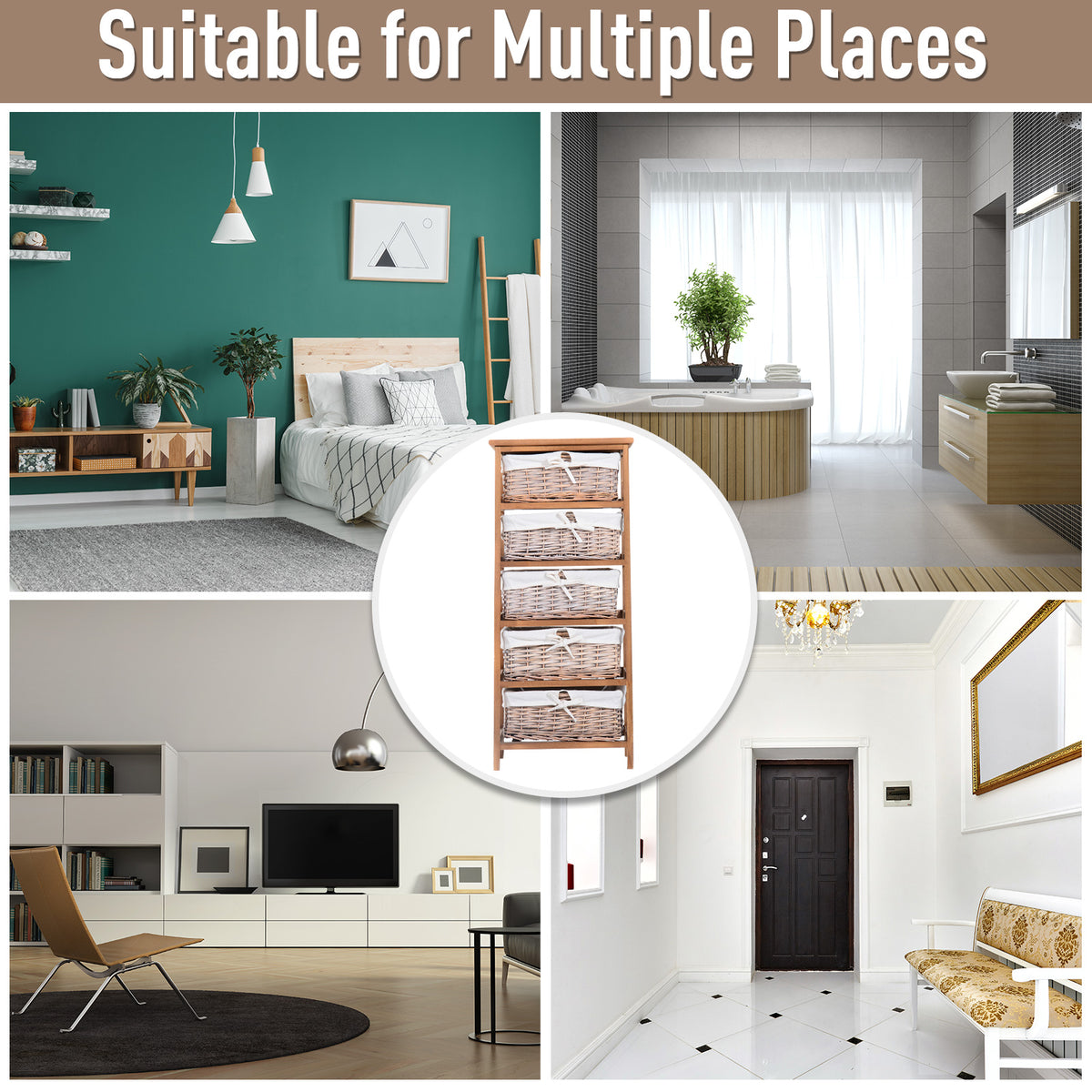 HOMCOM five-drawer wicker storage unit shown in a collage of home settings