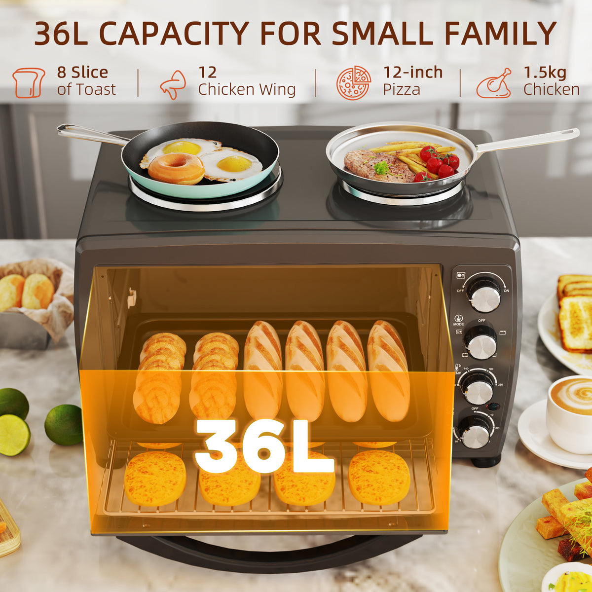 HOMCOM 36L oven with two hot plates, frying pans and two trays of baked food