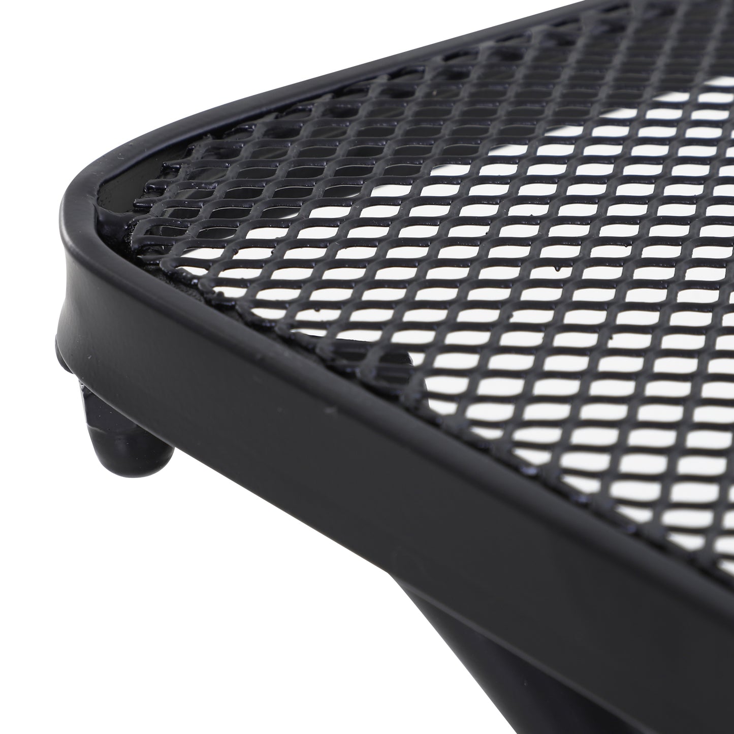 Outsunny black metal bistro table corner with close-up view of mesh tabletop and rim