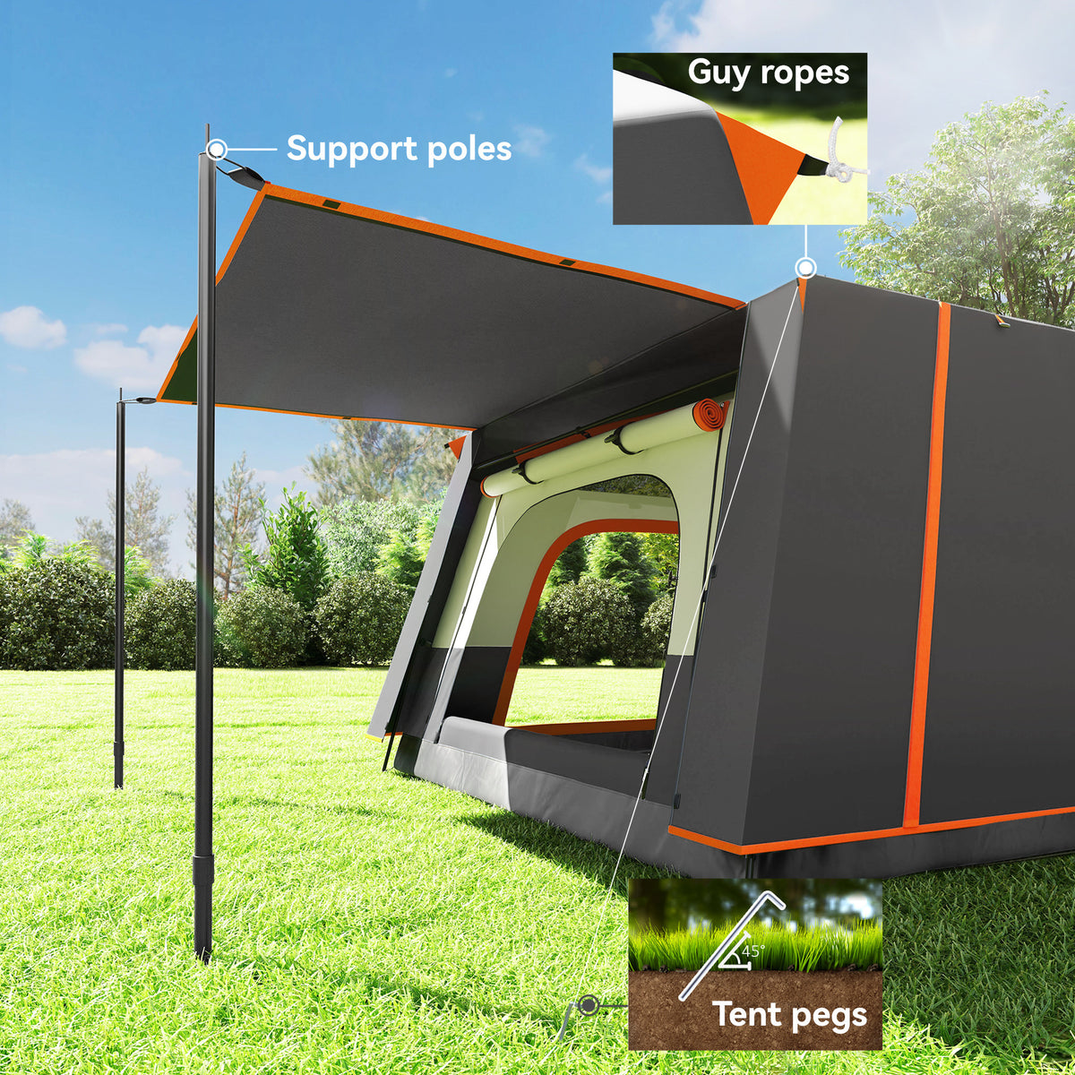 Outsunny 4 Man Camping Tent, Double Layer Tunnel Tent with Porch, Living Area and 2 Bedrooms, Sewn in Groundsheet, 3000mm Waterproof and UPF 30+, Portable with Bag, 430 x 305 x 195 cm Large, Grey