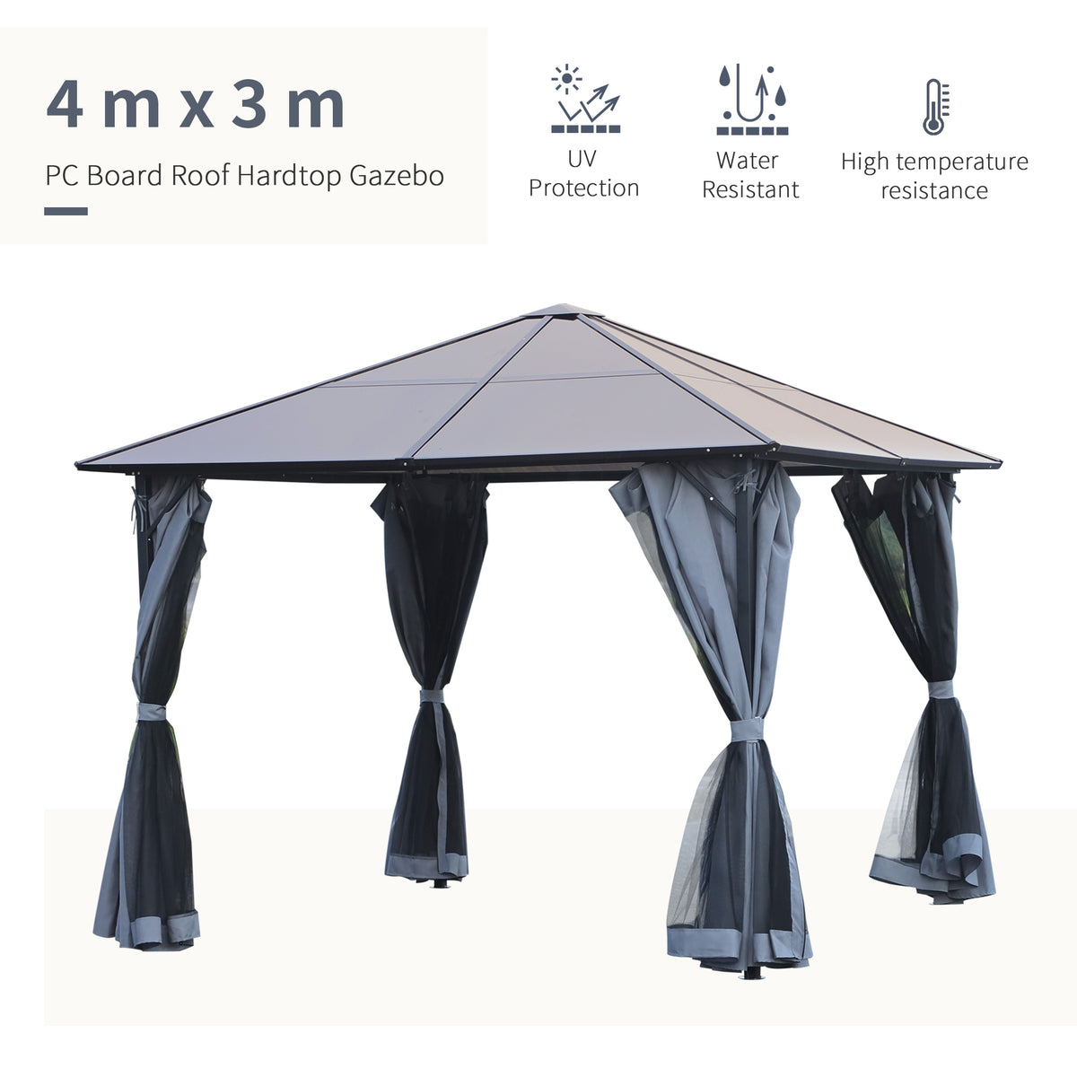 Hardtop metal gazebo with four tied-back curtains and a peaked roof