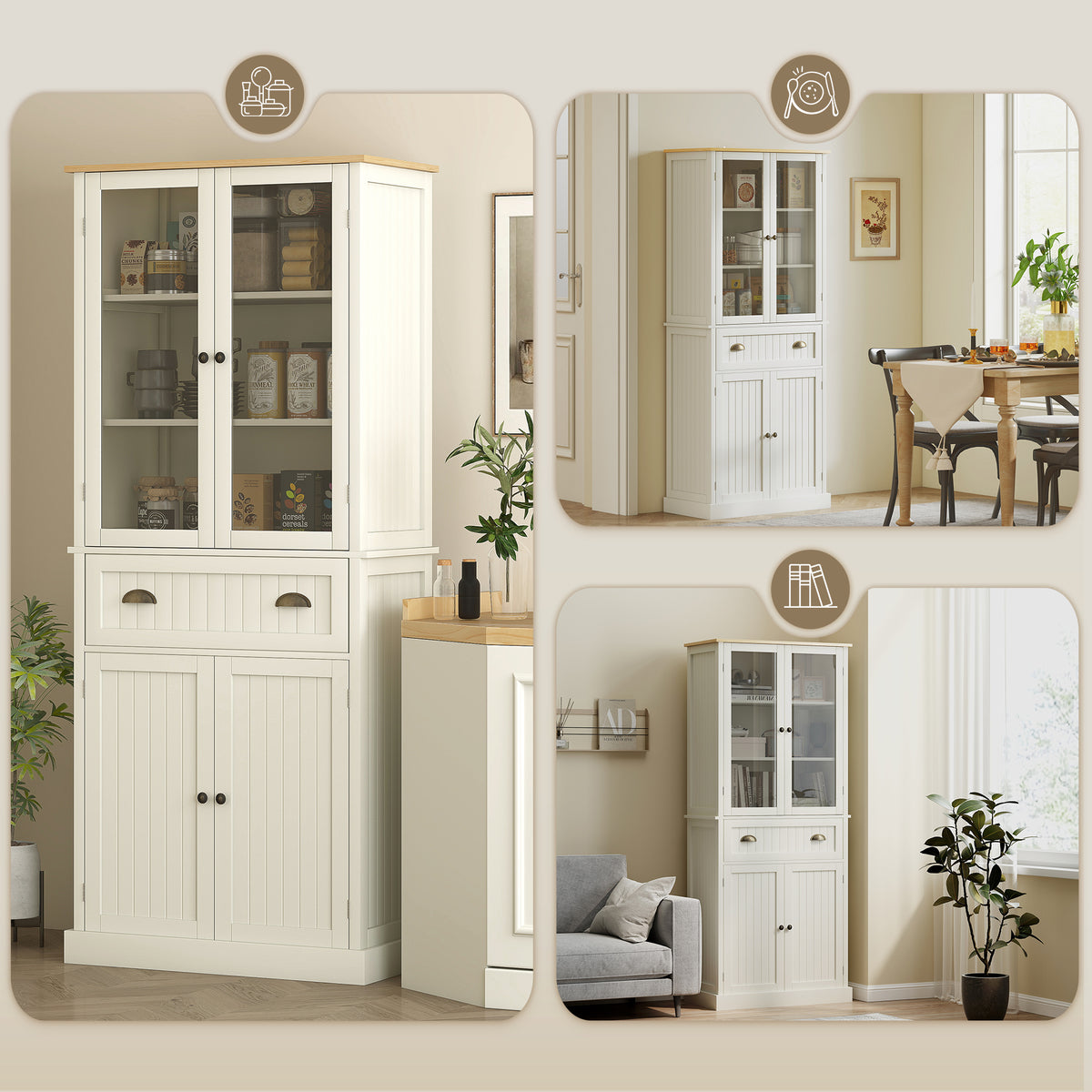 HOMCOM Freestanding Kitchen Cupboard, 5-tier Storage Cabinet with Adjustable Shelves and Drawer, Cream White