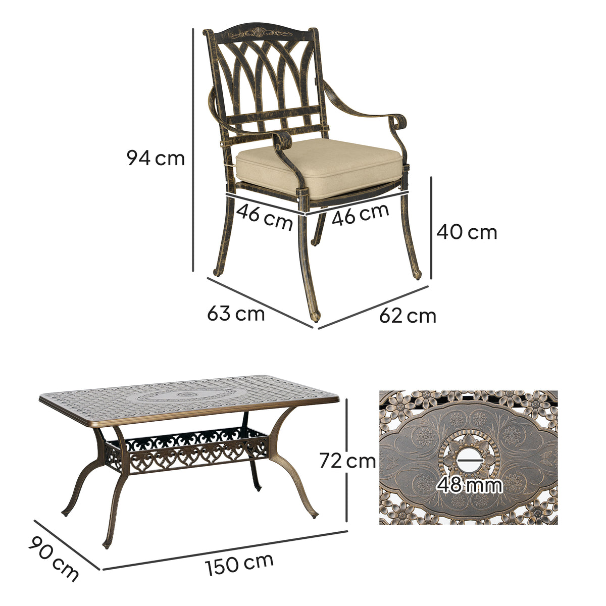 Cast aluminium dining chair and table with dimensions and 48 mm parasol hole detail
