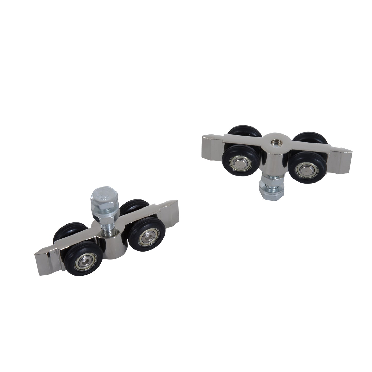 Sliding door rollers with paired black wheels and metal mounting bolts
