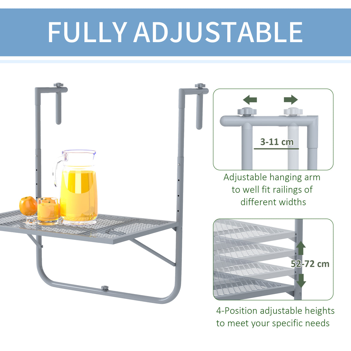 Adjustable grey hanging table with a grid top and height settings from 52 to 72 cm