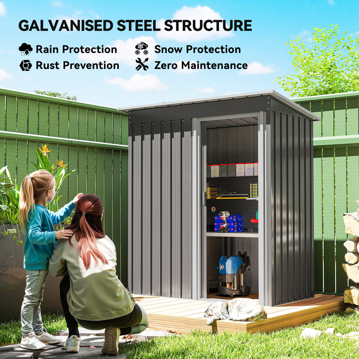 Outsunny steel garden shed with open sliding door and stored tools