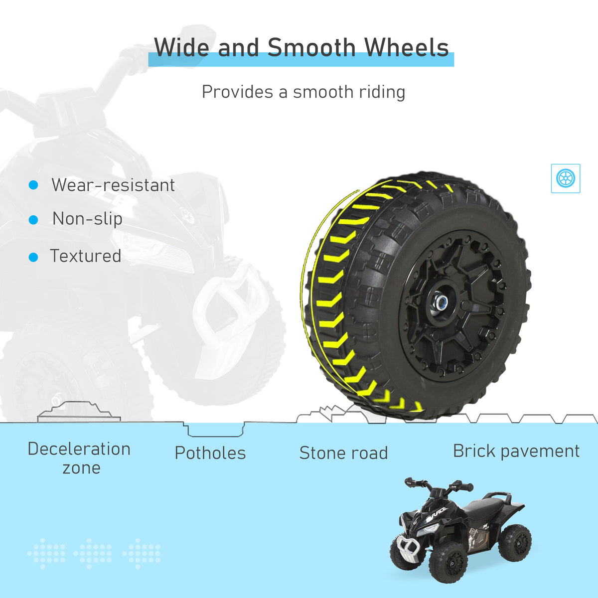 Close-up of a wide black quad tire with deep textured tread.