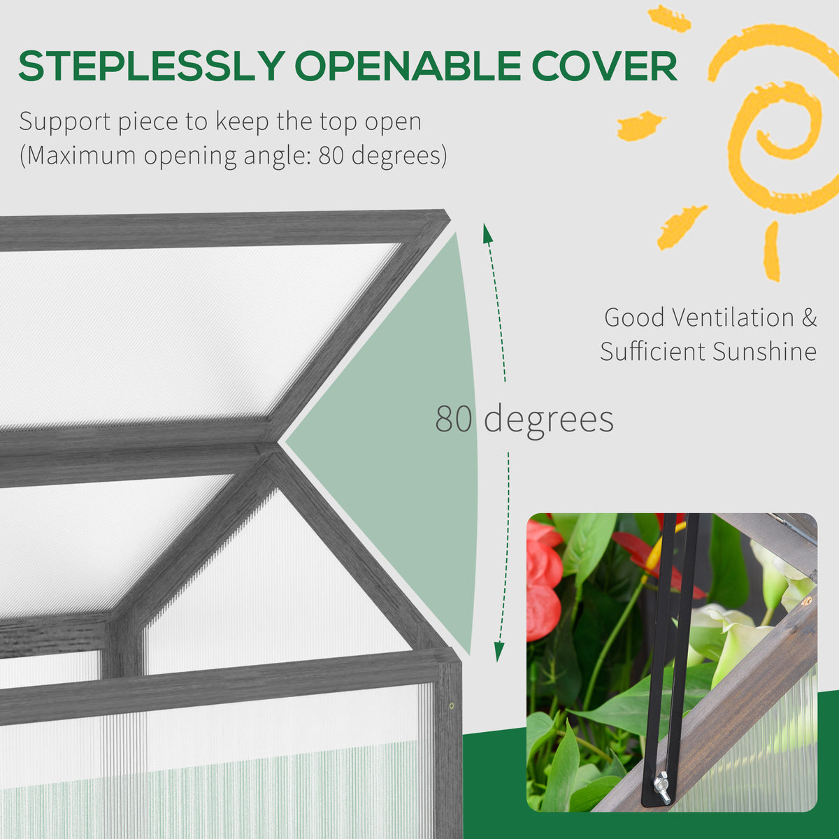 Outsunny greenhouse openable cover supported at an angle by a metal stay