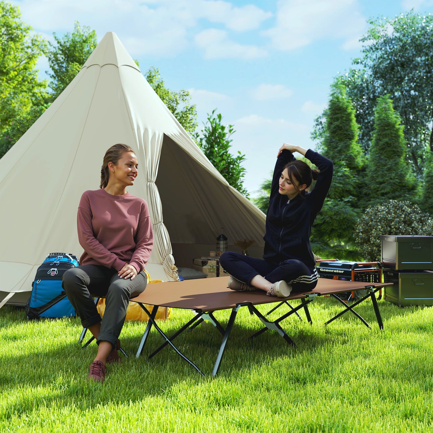 Outsunny Double Camping Cot Bed, with Bag - Khaki