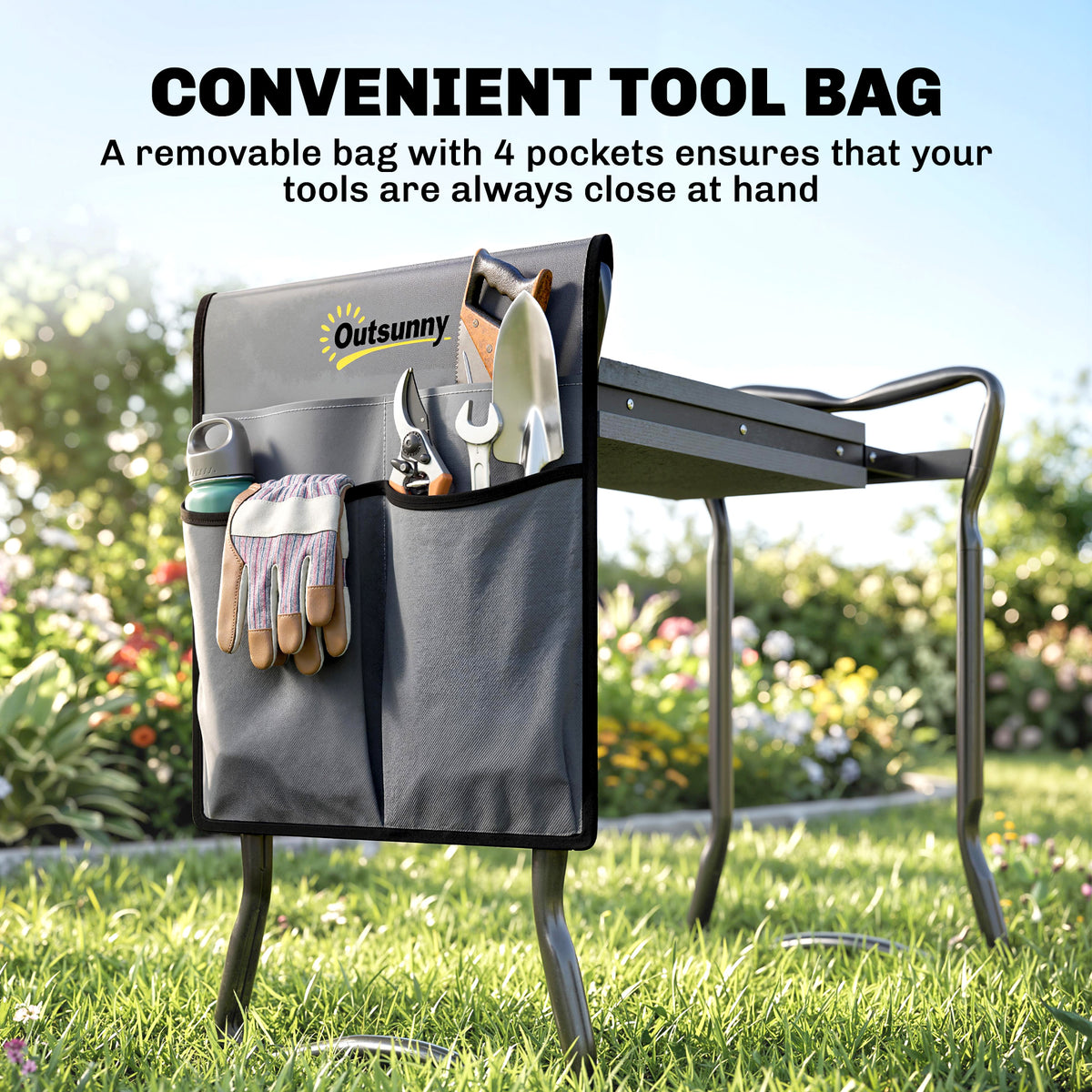 Outsunny garden kneeler with removable four-pocket bag holding gardening tools