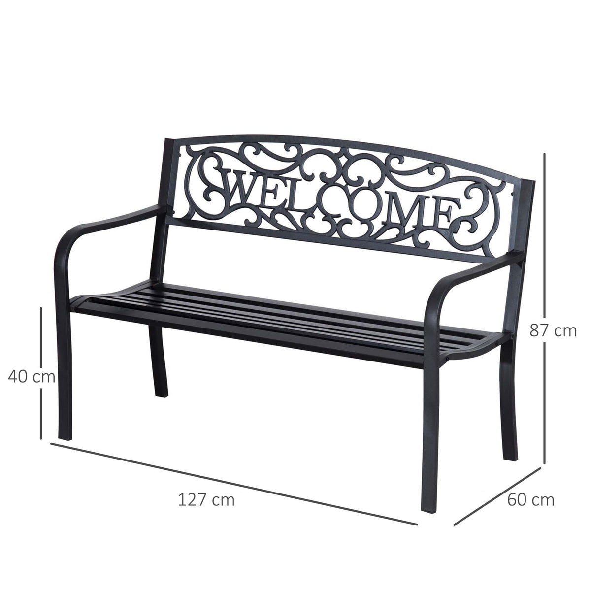 Black steel garden bench with “WELCOME” backrest and dimensions shown